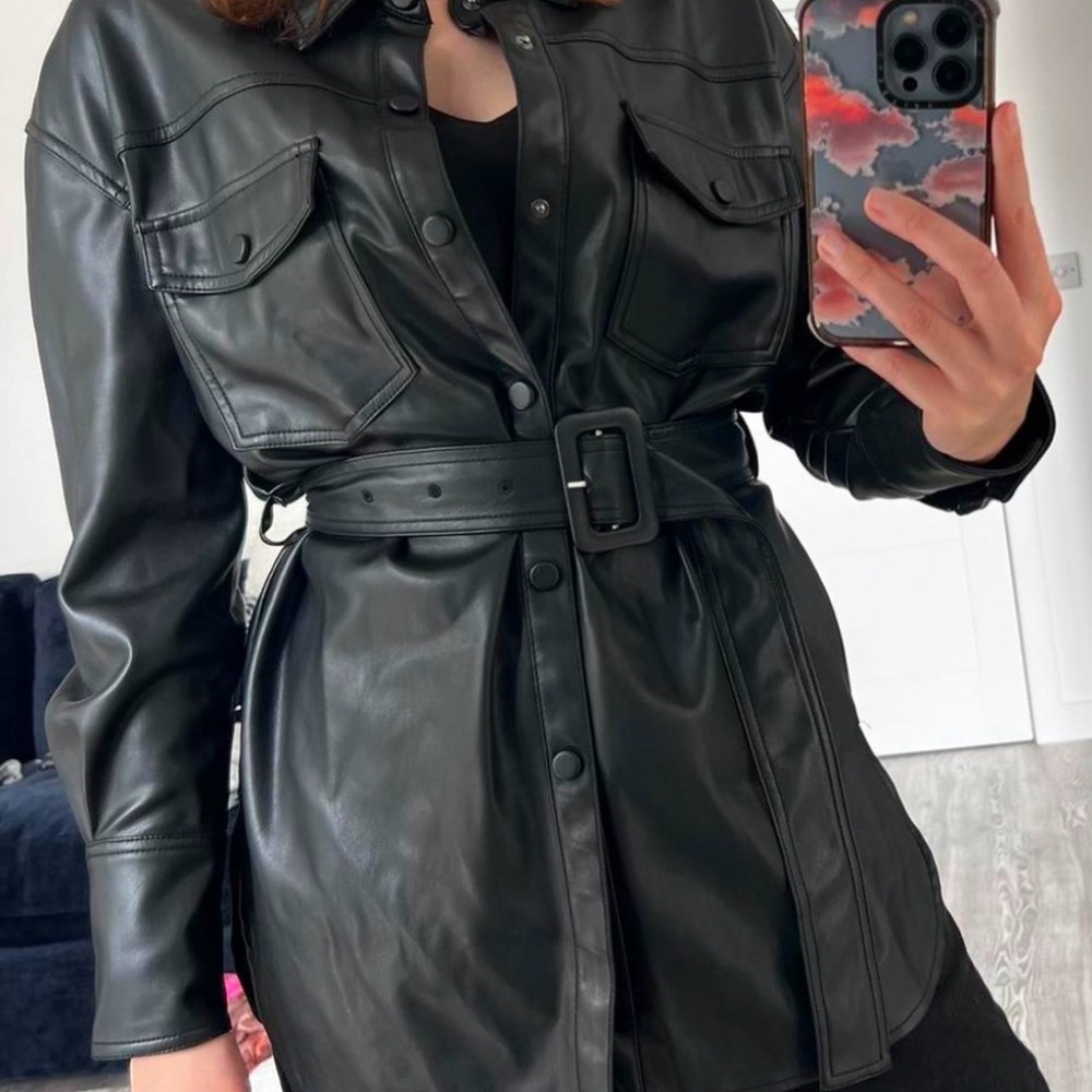 Zara Faux Leather Button Down Jacket with Tie